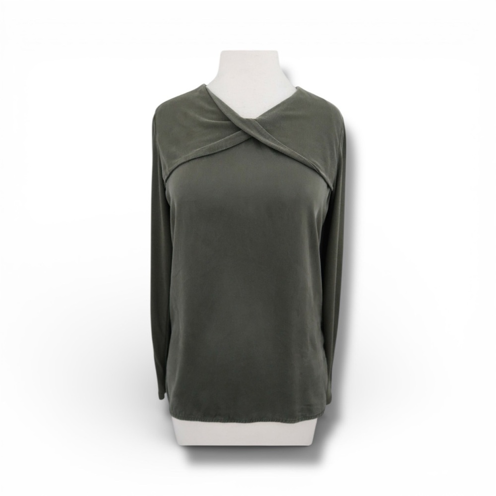Sandro Paris Silk Top Olive Green with Twist Sleeve Small Minimalist Avant Garde